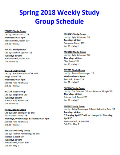 Weekly Study Group Schedule