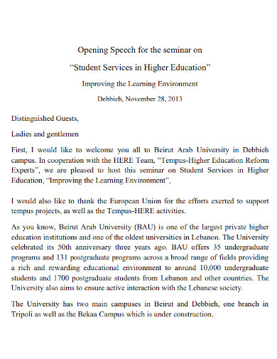 welcome speech for higher education seminar