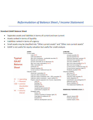 reformulation of balance sheet 