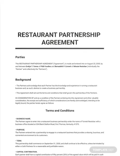 restaurant agreement template