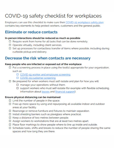 covid 19 safety checklist for workplaces