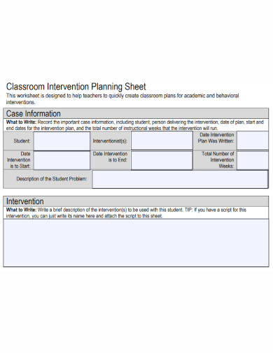 classroom intervention plan sheet