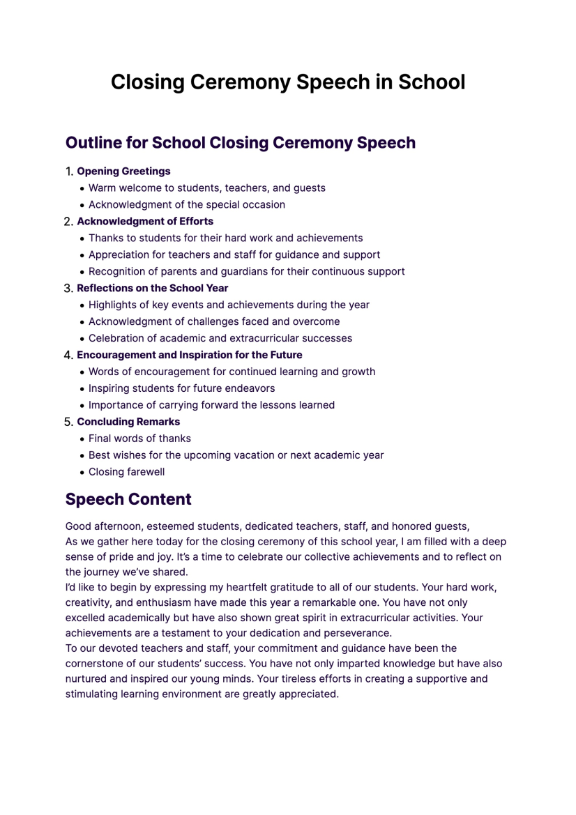 closing ceremony speech in school
