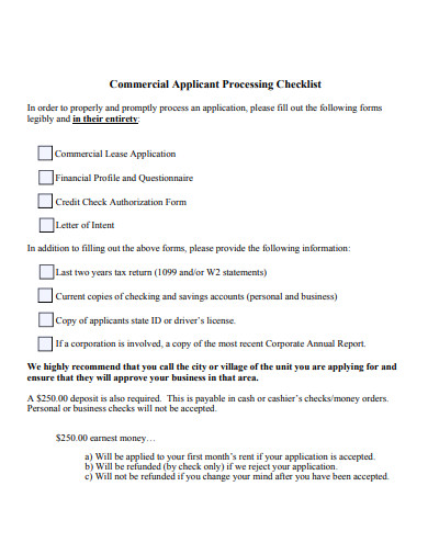 commercial lease applicant processing checklist 
