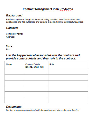 contract management plan proforma