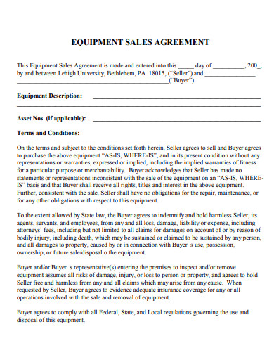 equipment sale agreement template
