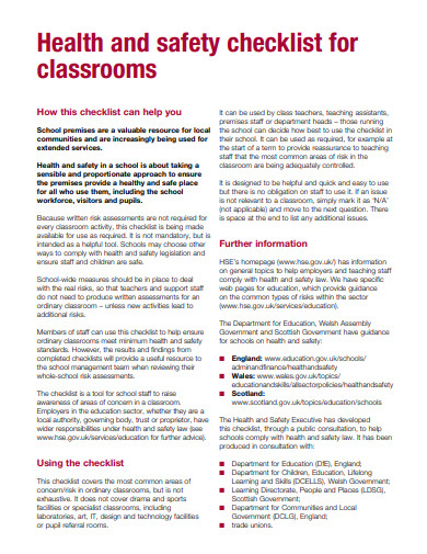 health and safety checklist for classrooms
