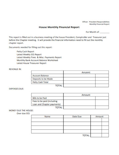 house monthly financial report