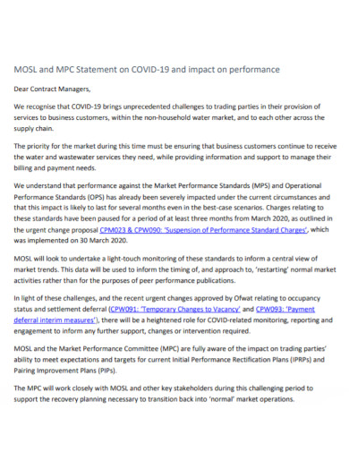 impact on performance statement on covid 19 