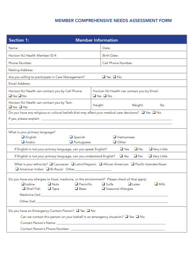 member comprehensive needs assessment form