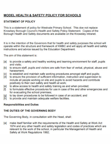 model school health and safety policy