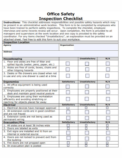office work safety inspection checklist
