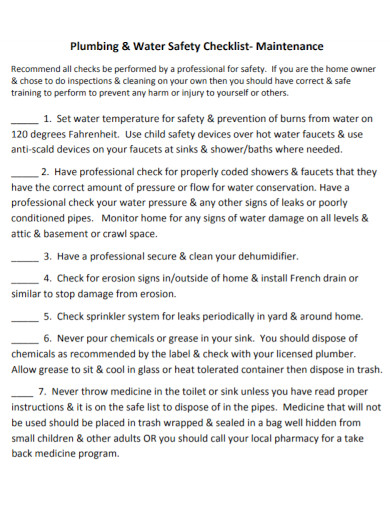 plumbing maintenance water safety checklist
