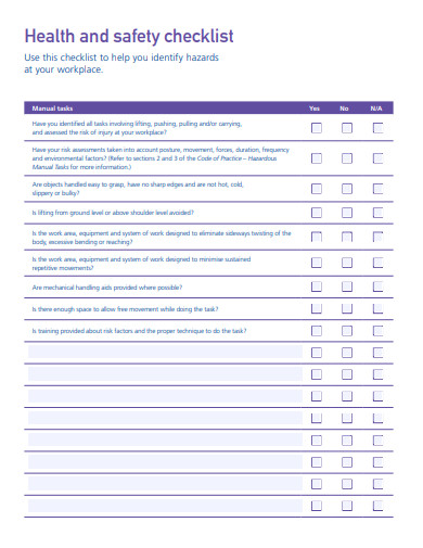 printable health and safety checklist
