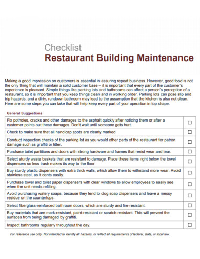 restaurant building maintenance checklist