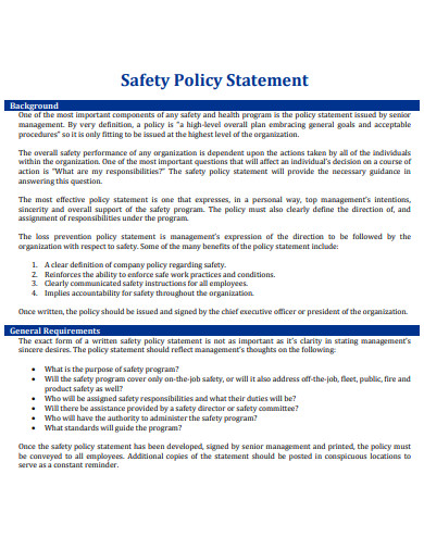 Safety Policy Statement Examples 10 Health Food Workplace 