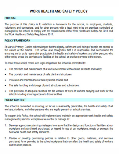 school work health and safety policy