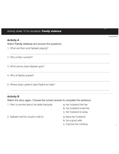 Student Family Activity Sheet