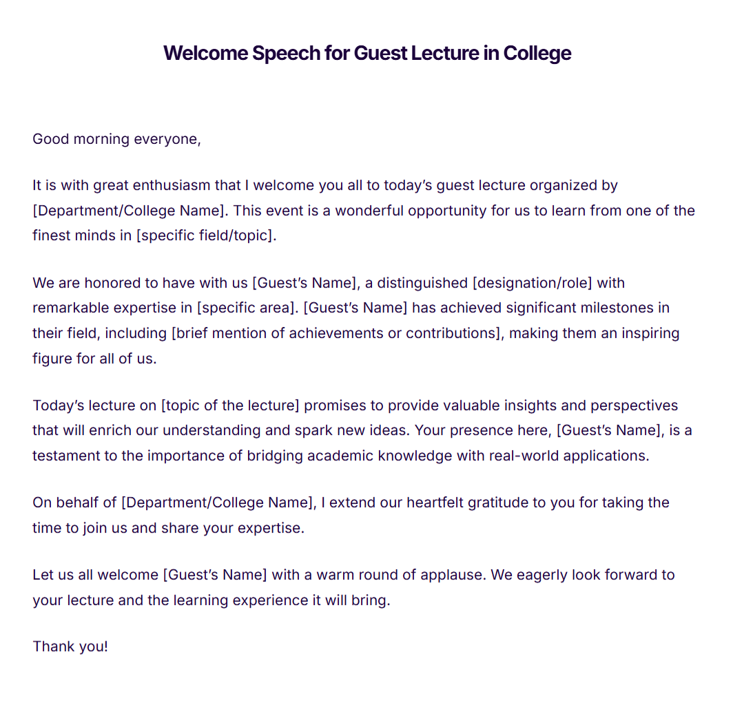 Welcome Speech for Guest Lecture in College