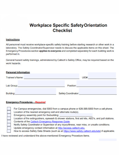 workplace safety orientation checklist