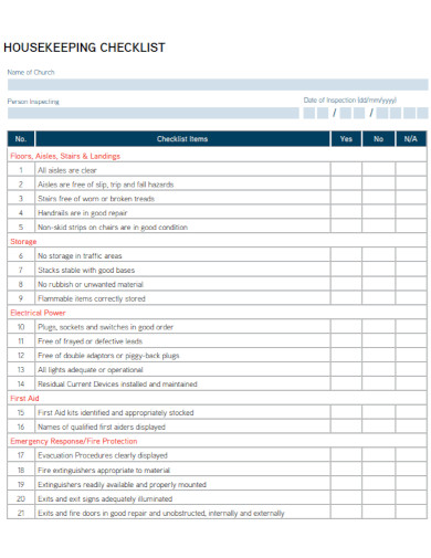 Church Housekeeping Inspection Checklist