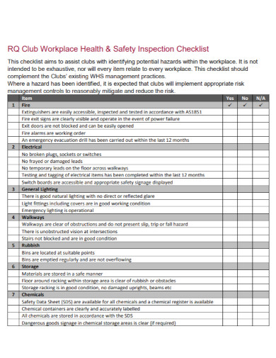 club workplace safety inspection checklist