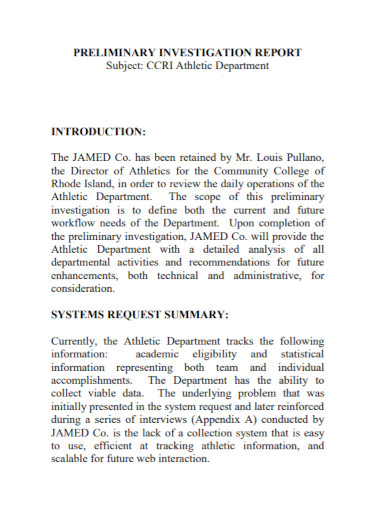 Department Preliminary Investigation Report