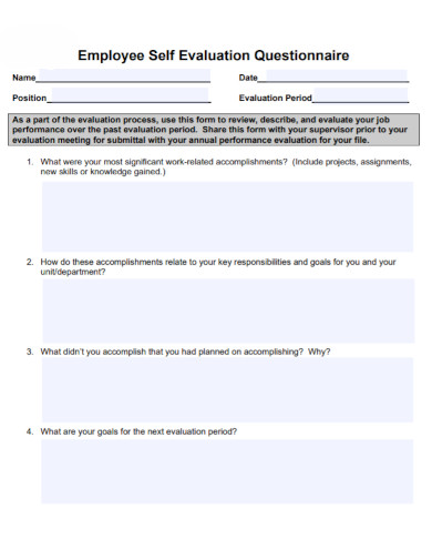 employee self evaluation questionnaire 