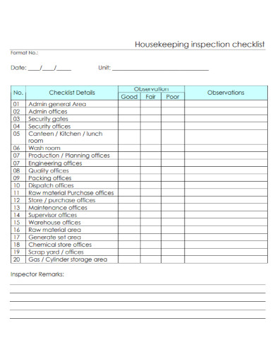 housekeeping inspection checklist format