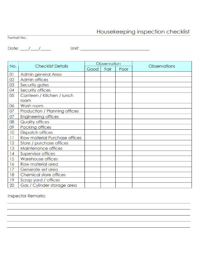 Housekeeping Inspection Checklist Format