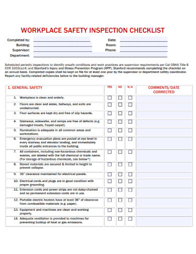 standard workplace safety inspection checklist