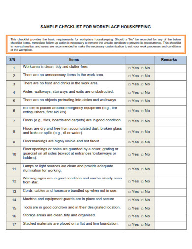 Housekeeping Checklist 10 Examples Format How To Make Pdf   Workplace Housekeeping Checklist Template 