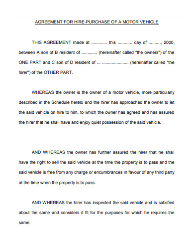agreement form for hire purchase of vehicle
