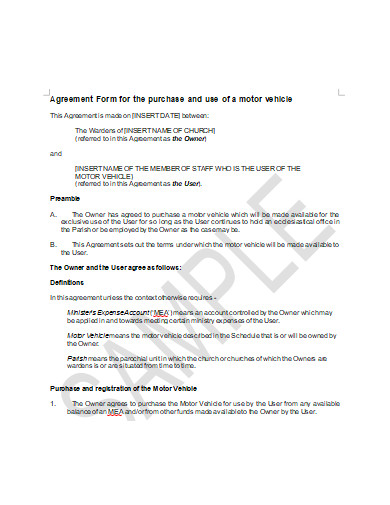 agreement form for the purchase and use of a motor vehicle