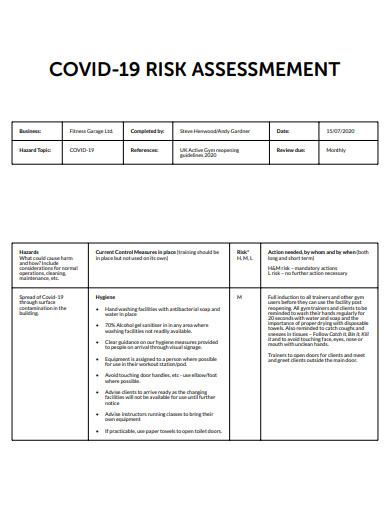 covid 19 gym risk assessment