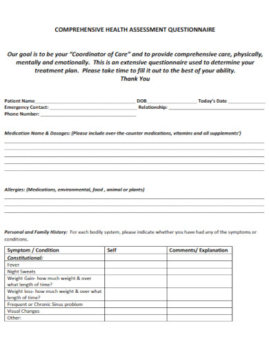 comprehensive health assessment questionnaire
