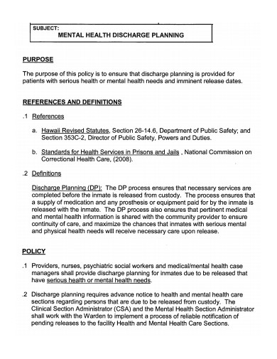 Mental Health Discharge Planning Summary