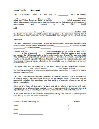 motor vehicle purchase and sale agreement form