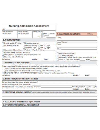 nursing admission assessment template