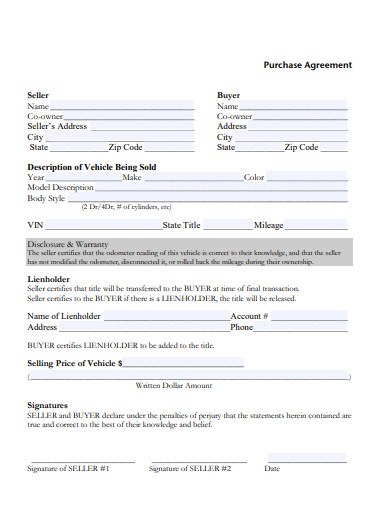 sample vehicle purchase agreement form