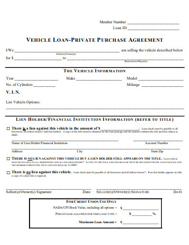 vehicle loan private purchase agreement