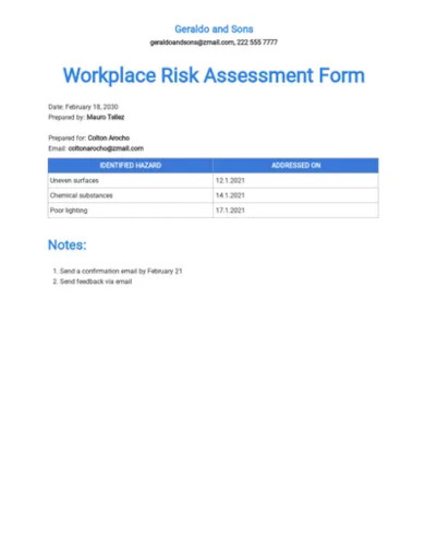 workplace risk assessment form template
