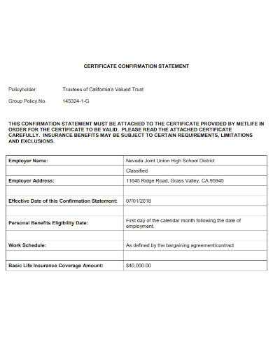 certificate confirmation statement