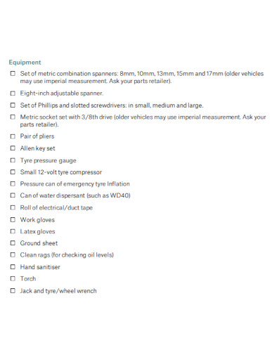 equipment car maintenance checklist