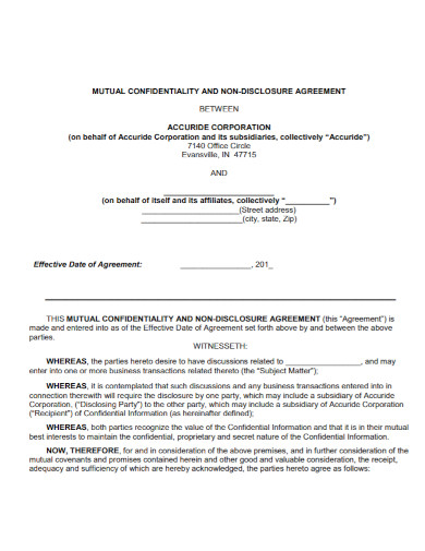 formal non disclosure and confidentiality agreement