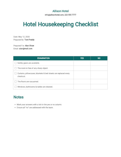 hotel housekeeping checklist template