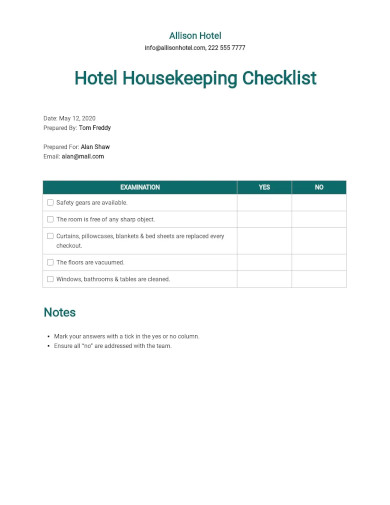 Hotel Housekeeping Checklist Template