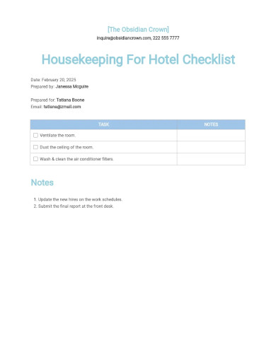 housekeeping checklist for hotel template