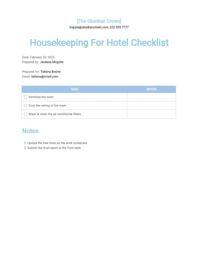 Housekeeping Checklist For Hotel Template