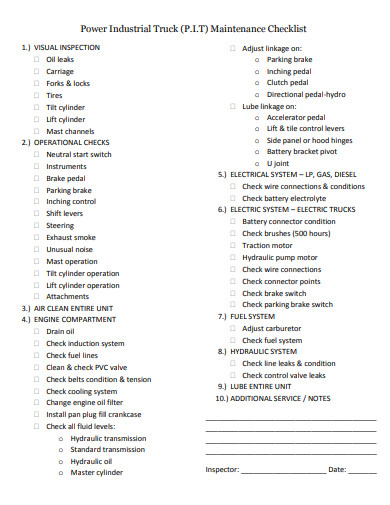 industrial truck maintenance checklist